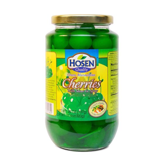 Hosen Green Maraschina Cherries with stems in syrup 737gm