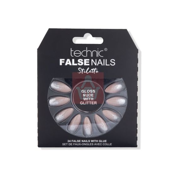 Technic Stiletto 24 False Nails With Glue - Gloss Nude With Glitter