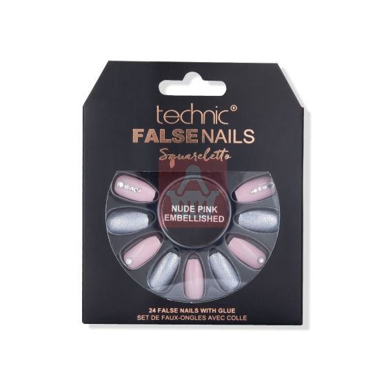 Technic Squareletto 24 False Nails With Glue - Nude Pink Embellished