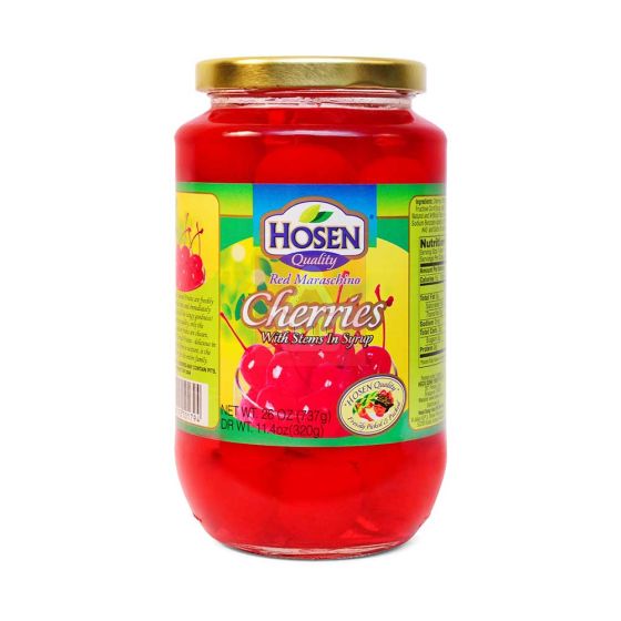 Hosen Red Maraschina Cherries with stems in syrup 737gm