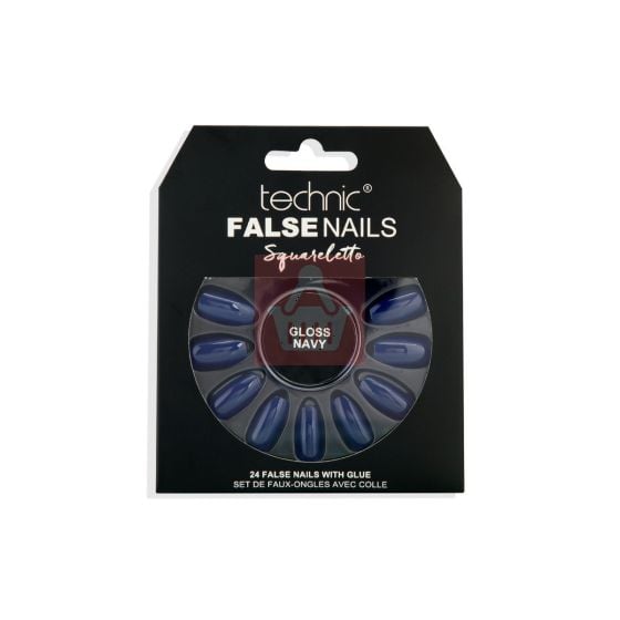 Technic False Nails With Glue - Squareletto Gloss Navy - 24 Pcs