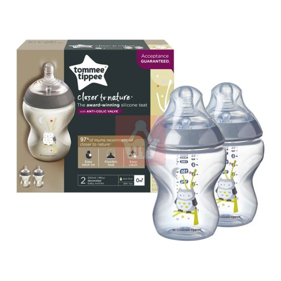 Tommee Tippee Closer To Nature 2 Decorated Owl Bottles 260ml - 2 Pack (5214)