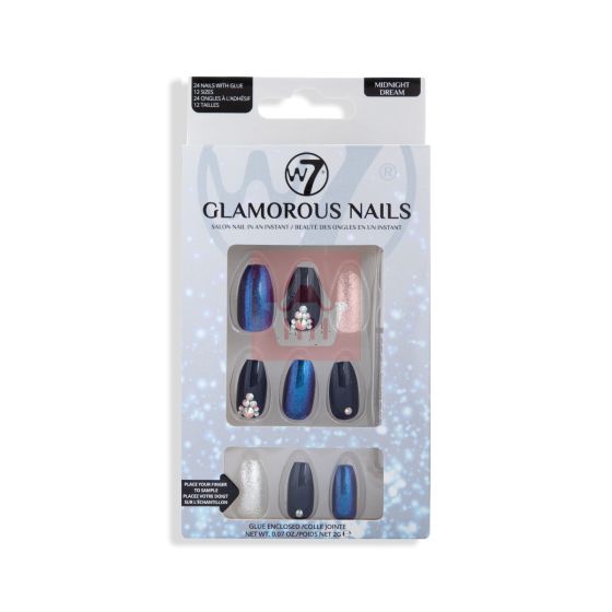 W7 Glamorous False Nails With Glue Midnight Dream 24 Pcs