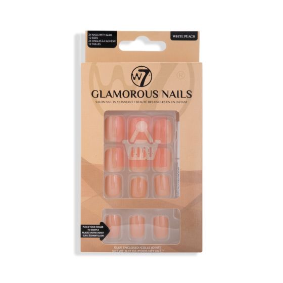 W7 Glamorous False Nails With Glue White Peach 24 Pcs