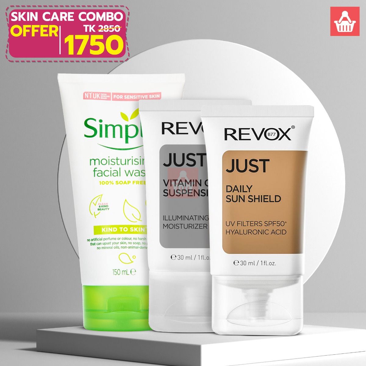 Simple Moisturising Facial Wash, Revox Vitamin C Glow Moisturizer & Revox Sunblock SPF50