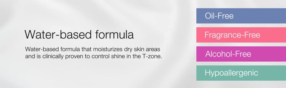 Water-Based Formula that moisturizes dry skin areas and is clinically proven to control shine in the T-zone.