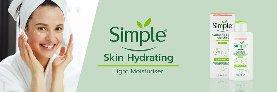 Simple Sensitive skin experts. Free from baddies. Hydrating Light moisturiser, Double skin hydration instantly,Non sticky non greasy feel.