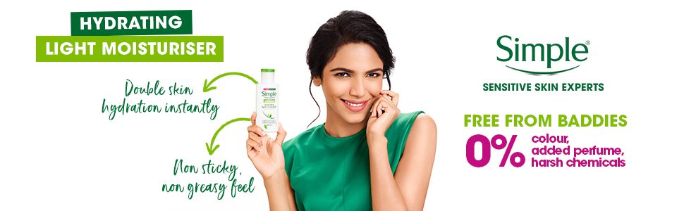Simple Sensitive skin experts. Free from baddies. Hydrating Light moisturiser, Double skin hydration instantly,Non sticky non greasy feel.