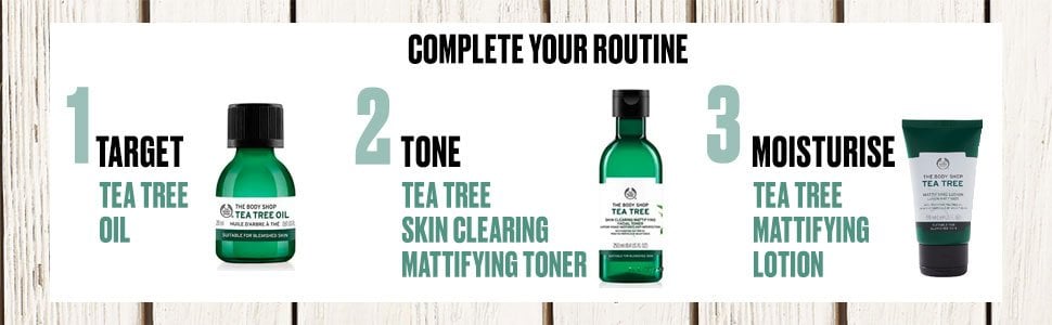 Complete your routine. Target tea tree oil, Tone tea tree skin clearing mattifying toner, moisturise Tea Tree Mattifying lotion