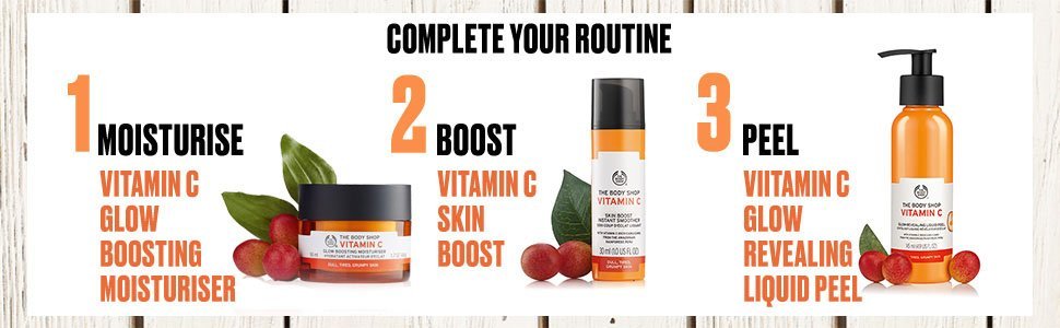Complete your routine. Step - 1: Moisturise - Vitamin C glow boosting moisturiser. Step - 2: Boost - Vitamin C Skin Boost, Step - 3: Peel - Vitamin C glow Revealing liquid peel 