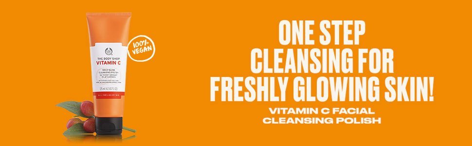The body shop Vitamin C 100% vegan, One step cleansing for freshly cgowing skin! Vitamin C facial Cleaning polish