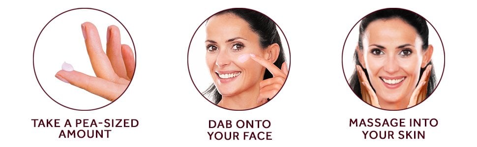 Take a pea-sized amount, Dab onto your face, massage into your skin