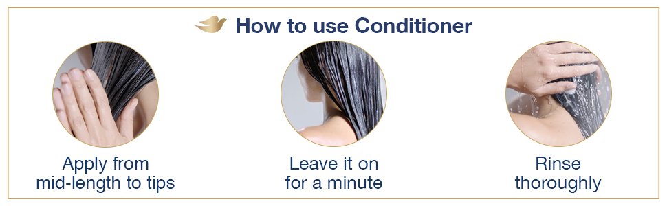 How to use conditioner. Apply from mid-length to tips, leave it on for a minute, rinse thoroughly