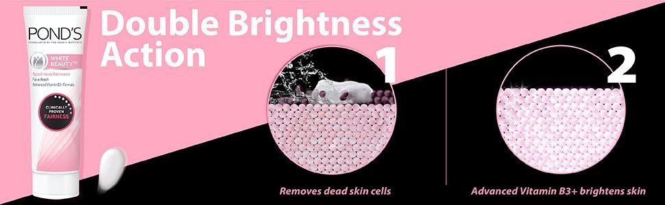 Double brightness action. 1. Removes dead skin cells, 2. Advanced Vitamin B3+ brightens skin